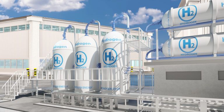 Energy storage system. Hydrogen electrolysis equipment. Electricity from H2. Modern power plant. Equipment for supplying city with energy. Industrial area with hydrogen tanks. 3d rendering.