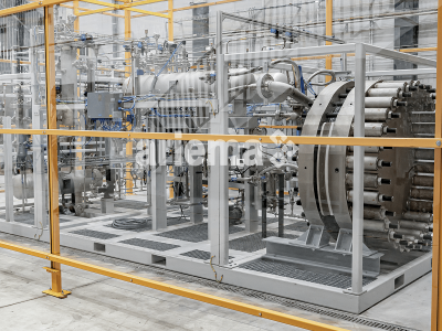 La imagen muestra un electrolizador alcalino de Ariema con una pantalla de protección en las instalaciones de Huelva.